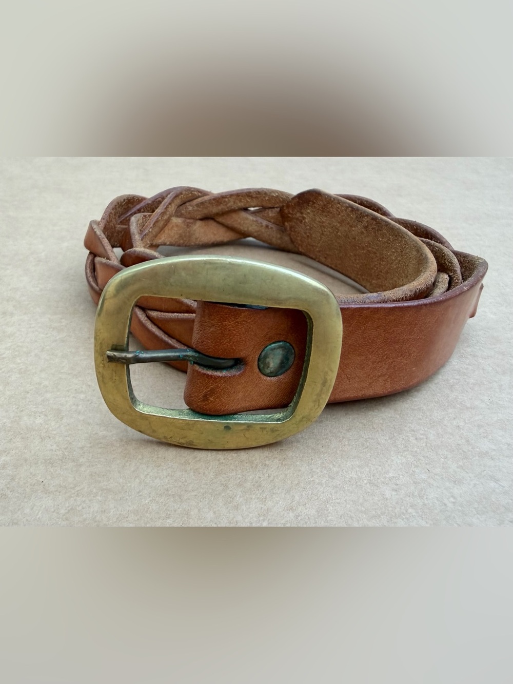 Vintage Brown Leather Braided Belt Size S Taiwan 306 Brass Tone Buckle Boho West